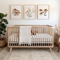 a baby's crib with three paintings on the wall