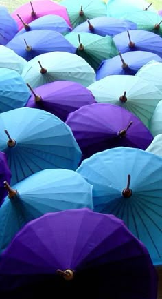 many colorful umbrellas are lined up on the ground