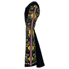 Christian LaCroix Heavily Embroidered & Beaded Bootleg Distressed Denim Jeans: Geometric and floral motifs are embroidered in shades of yellow, chartreuse, pink and lavender with an embroidered ribbon detail down the side. Clear glass and faux pearl clusters adorn these dark denim jeans with a custom-distressed look. US waist size 27-28." The waistline has been modified from a low-rise to a more wearable style with grosgrain waistband. Customized with a weight hem for a straight silhouette. 2000s Fall Fashion, Chiffon Palazzo Pants, 2000s Fall, Clashing Prints, Chic Closet, Embroidered Ribbon, Pink And Lavender, French Fashion Designers, Chiffon Overlay