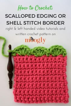 the crochet scalloped edging or shell stitch border is shown in pink and green