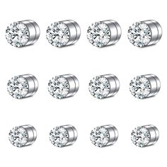 a set of six pairs of diamond studs with different sizes and shapes on white background