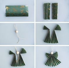 four pictures of green paper fan ornaments