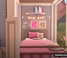 a bedroom scene with focus on the bed and pink bedspread in the foreground