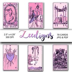 a series of cards with the names and numbers for each card in purple, pink, and black