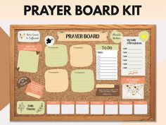 a cork board with notes and stickers on it that says, prayer board kit