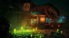 an animated video game scene with glowing green lights and a large monster like creature in the background