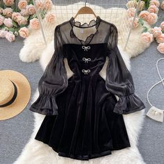 Sweet dress, ear edge, V collar, lantern sleeve, lady, temperament retro velvet dressMaterial:velvetStyle:sweetFeatures:lantern sleeve,cute,bowknotColor:as pictureSize(cm):free 1inch=2.54cmlength:80,sleeve:55,bust:80,waist:64&ltp&gtNote:Due to different measurement methods,there will be 1-3 error(unite:cm), please understand.</p>&ltbr/> Black Mini Dress With Lantern Sleeves For Party, Black Lantern Sleeve Cocktail Dress, Black Lantern Sleeve Party Dress, Black Lantern Sleeve Dress For Party, Elegant Lantern Sleeve Banquet Dress, Elegant Long Sleeve Vintage Dress For Party, Black Vintage Dress With Ruffles For Fall, Black Lantern Sleeve Formal Dress, Chic Black Vintage Dress For Party