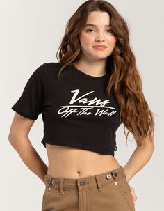 Vans Go Anywhere Crop Tee. Large Graphic Screened On Front. Ribbed Crew Neckline. Short Sleeve. Cropped And Boxy Fit. 100% Cotton. Machine Wash. Imported. Model Is Wearing A Size Small. Model Measurements:height: 5'7" Bust: 32"waist: 24.5"hips: 36" Casual White Vans Tops, White Graphic Print Top By Vans, Black Vans Crew Neck Top, Black Crew Neck Vans Top, White Short Sleeve Vans Tops, Vans Letter Print Crew Neck Top, Vans Crew Neck Top With Letter Print, Trendy Cotton Vans Top, Black Casual Vans Top