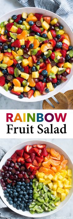 rainbow fruit salad in a white bowl with the words rainbow on top and below it