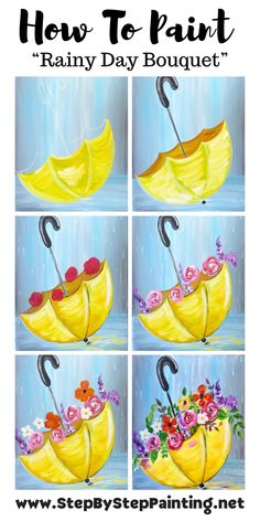 step by step instructions to paint an umbrella with flowers and cherries in the rain