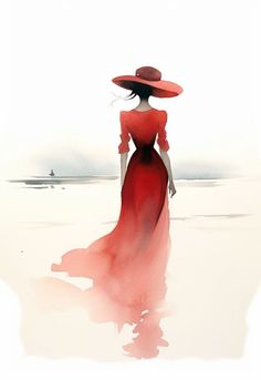 a woman in a red dress and hat walking on the beach with her back to the camera