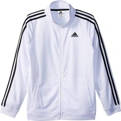 a white adidas jacket with black stripes on the sleeves and chest, in front of a white background