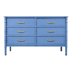 a blue dresser with gold handles on it's sides and drawers, against a white background