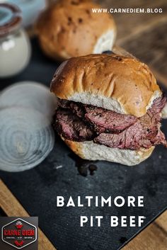 a close up of a sandwich on a tray with the caption baltimore pit beef