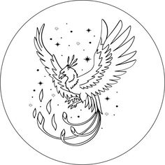 a black and white drawing of a bird flying in the air with stars around it