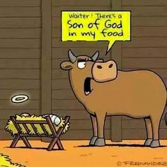 a cartoon cow standing in front of a hay bale with a sign saying, water there's a son of god in my food