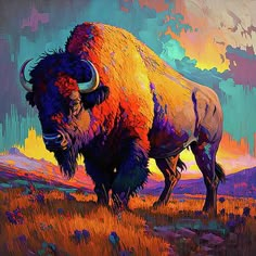 a painting of a bison standing in a field