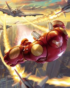 an iron man character flying through the air