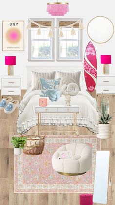 a bedroom with white furniture and pink accents on the walls, along with a surfboard