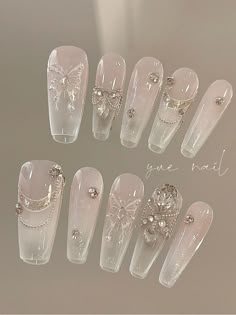 White Butterfly Luxury Press On Nails Set | Indie Nails Design | Three Fleas Nail Shape Chart, Jelly Stickers, Shape Chart, Luxury Press On Nails, Pretty Gel Nails, Nails Set, Dry Nails, Nail Files, White Butterfly