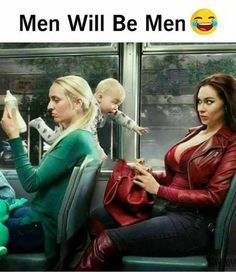 two women and a baby are sitting on a train together with the caption age is just a number men will be men