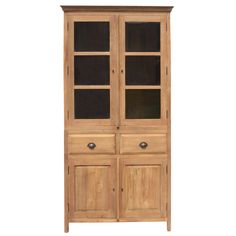 a wooden cabinet with glass doors on the top and bottom drawers, in front of a white background