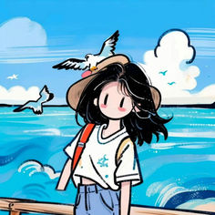 a painting of a girl standing on a pier with seagulls in the background