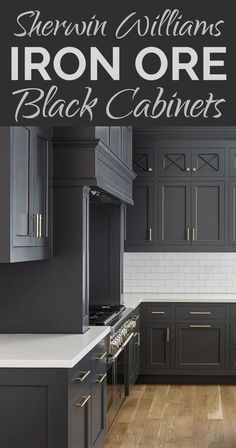 Sherwin Williams Iron Ore Black Cabinets Gray Cabinets Brass Hardware, Charcoal Gray Kitchen Cabinets, White Subway Tile Kitchen, Dark Grey Kitchen Cabinets, Backsplash With Dark Cabinets, Modern Grey Kitchen, Luxury Kitchen Cabinets, Серая Кухня, Grey Kitchen Designs