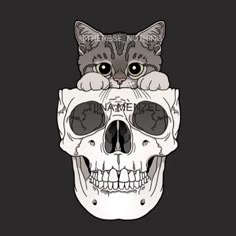 a cat sitting on top of a human skull