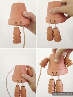 the instructions for making a clay bell with string and wood dows are shown in three different views