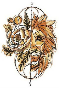 a drawing of a lion with flowers on it's head and an arrow in the middle