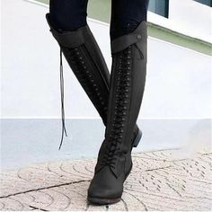 Category:Boots; Upper Materials:Faux Leather; Embellishment:Lace-up; Season:Fall,Winter; Heel Type:Flat Heel; Gender:Women's; Size Suggestion:standard size, select your usual size; Toe Shape:Round Toe; Type:Knee High Boots; Style:Vintage,Casual,Minimalism; Heel Height(inch):<1; Outsole Materials:Rubber; Occasion:Daily,Outdoor; Closure Type:Lace-up,Zipper; Pattern:Solid Color; Listing Date:10/04/2023; Production mode:Self-produce; 2024 Trends:Motorcycle Boots,Riding Boots,Plus Size,Lace Up Boots Women Horse Riding, Thick Heel Boots, Horse Riding Boots, Rider Boots, Knee High Stockings, Equestrian Boots, Black Riding Boots, Chunky Heels Boots, Riding Boot