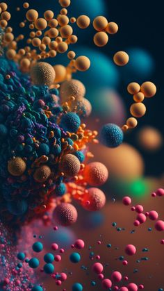 an image of colorful balls and bubbles floating in the air on a black background with blue, pink, yellow and orange colors