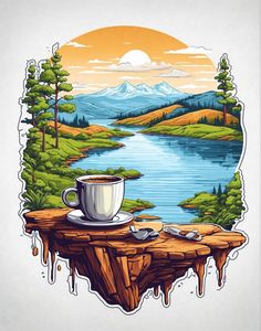 a cup of coffee sitting on top of a wooden table next to a mountain lake