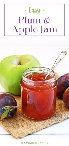 plum and apple jam in a jar next to apples