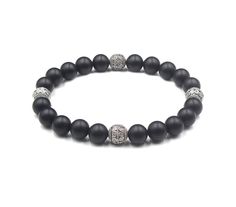 This bracelet features 8mm matte black onyx beads accented with three handmade 8 mm sterling silver Bali beads. We use silicon stretch cord for greater strength and resilience. Your bracelet comes in a bracelet gift box. Select your wrist measurement from the drop down menu. We will make your bracelet to fit. Check out our other men's bracelets: https://www.etsy.com/shop/KartiniStudio?section_id=16866421&ref=shopsection_leftnav_1 Allow 4-7 days delivery time. Black Beaded Wristband Bracelet, Black Beaded Bracelet With 8mm Beads, Black Beaded Round Stretch Bracelet, Adjustable Black Stretch Bracelet With Silver Beads, Black Crystal Bracelet With Spacer Beads For Gift, Hand-strung Black Wristband Bracelet, Gift Black Crystal Bracelet With Spacer Beads, Adjustable Black Gemstone Beaded Bracelets, Silver Onyx Beaded Bracelets Hand-strung