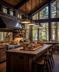 a large kitchen with lots of counter space and wooden cabinets, along with an island in the middle