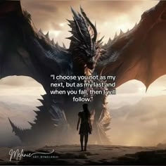 a woman standing in front of a large dragon with a quote from game of throne