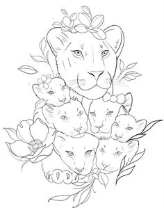 the lion and her cubs are surrounded by flowers in this coloring page for children's books