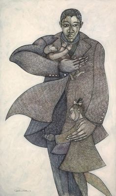 a drawing of a man holding a baby while wearing a suit and tie with his arms wrapped around him