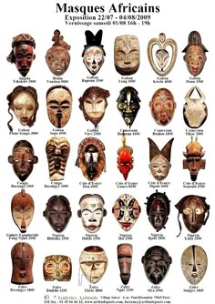 an image of african masks with names and pictures on the front page for each mask