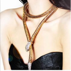 New Gold Crystal Snake Long Pendant Necklace Glamorous Party Jewelry With Clavicle Chain, Glamorous Party Clavicle Chain Jewelry, Glamorous Party Choker Jewelry, Elegant Adjustable Snake Shape Necklaces, Elegant Adjustable Snake Shape Necklace, Adjustable Clavicle Chain Jewelry For Evening, Elegant Snake Chain Jewelry For Party, Gold Snake Shape Jewelry For Parties, Snake Chain Metal Jewelry For Parties