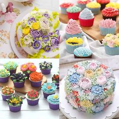 there are many different cakes and cupcakes on the table with flowers in them