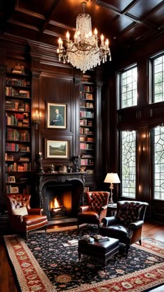 a living room filled with lots of furniture and a fire place under a chandelier