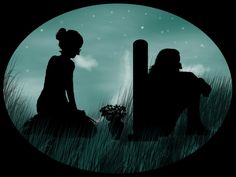 two people sitting in the grass looking at something under a sky with stars and clouds