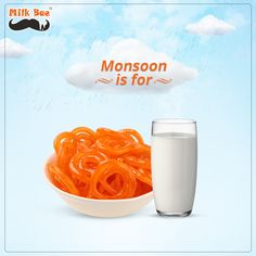 a bowl of noodles next to a glass of milk on a blue background with the words monsoon is for