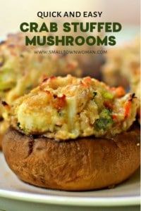 crab stuffed mushrooms on a plate with text overlay