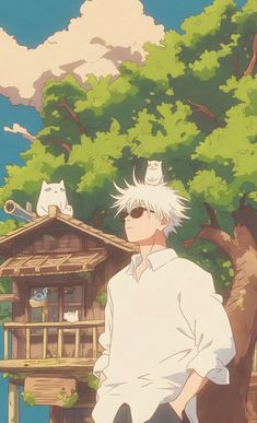 an anime character is standing in front of a tree and some houses with cats on them