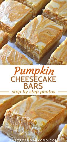 pumpkin cheesecake bars stacked on top of each other with text overlay that reads, pumpkin cheesecake bars step by step photos