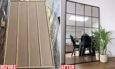 before and after photos of a mirror being installed in an office building with wood flooring